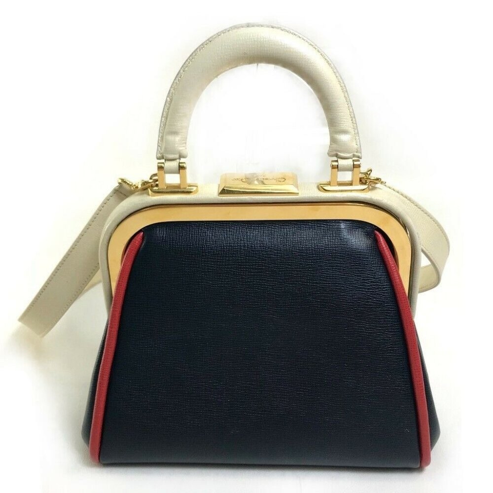 Authentic CHRISTIAN DIOR Tricolor Vintage Kisslock 2WAY Shoulder bag Hand Bag